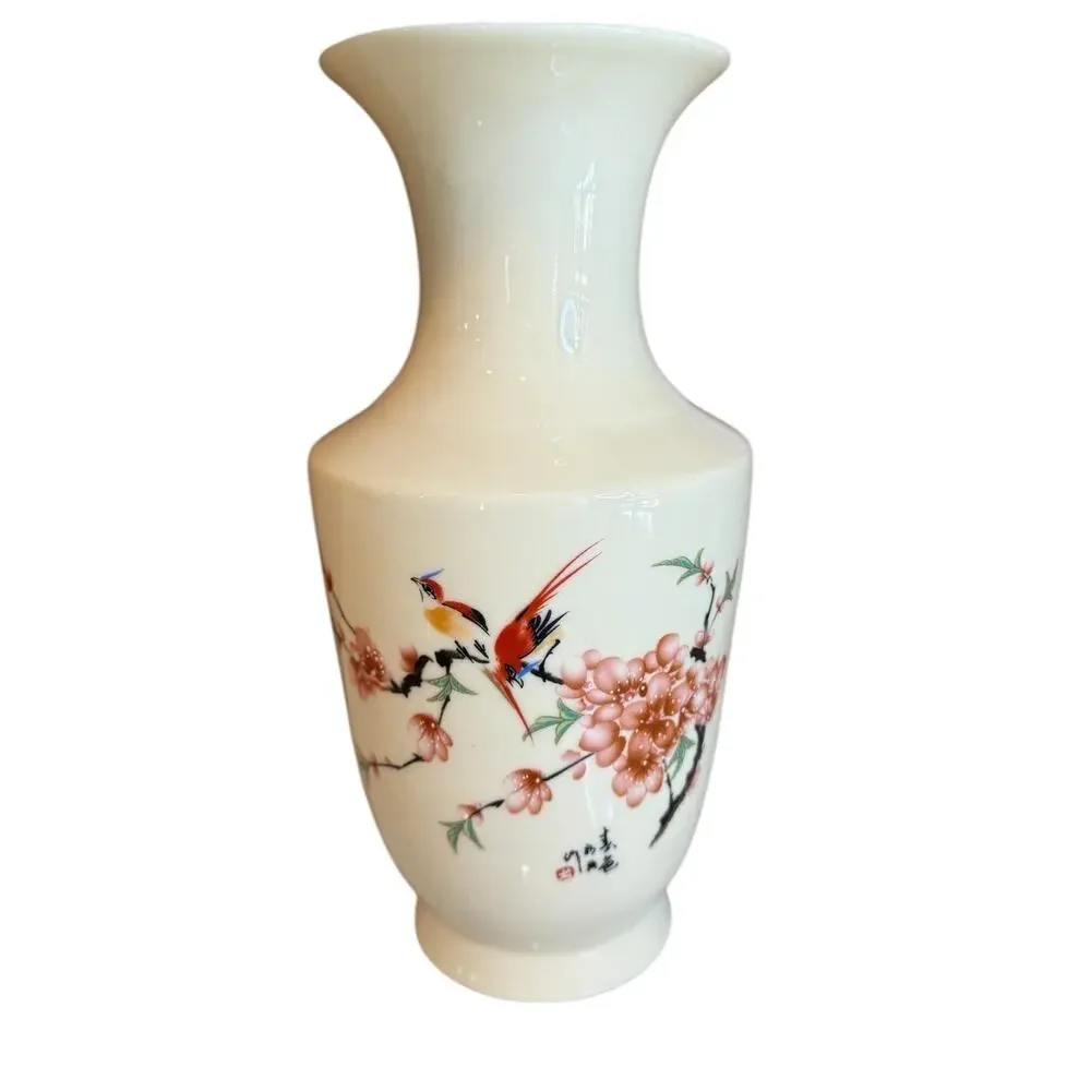 Japanese Cherry Blossom & Bird Painted Porcelain Vase